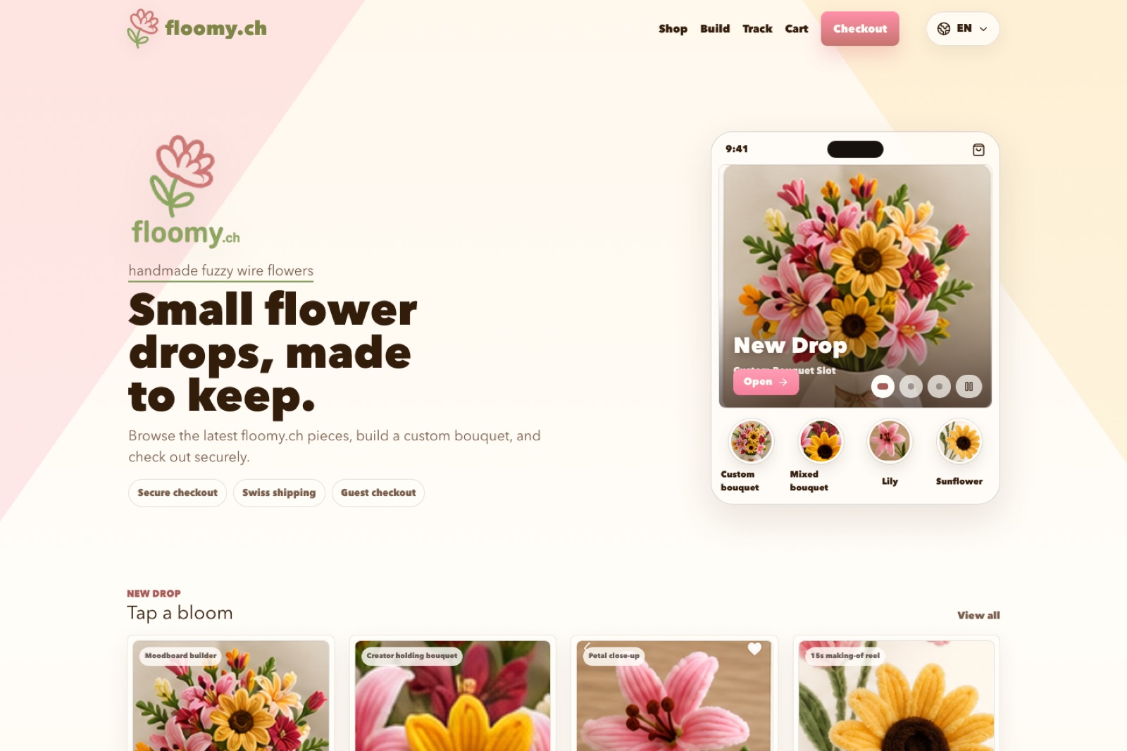 Accueil floomy.ch avec fleurs artisanales et aperçu mobile