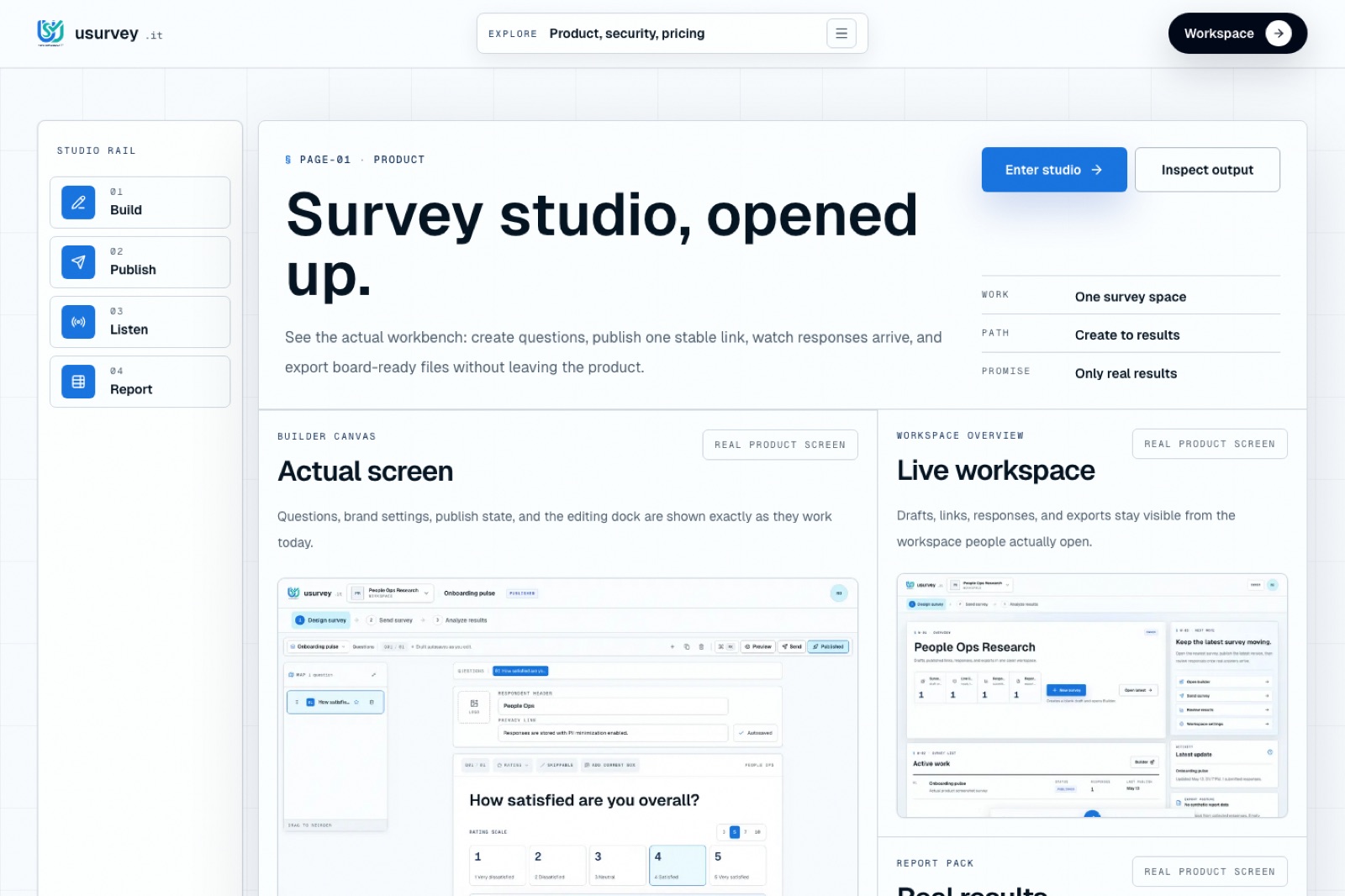 Page produit usurvey.it avec studio de sondage et captures produit